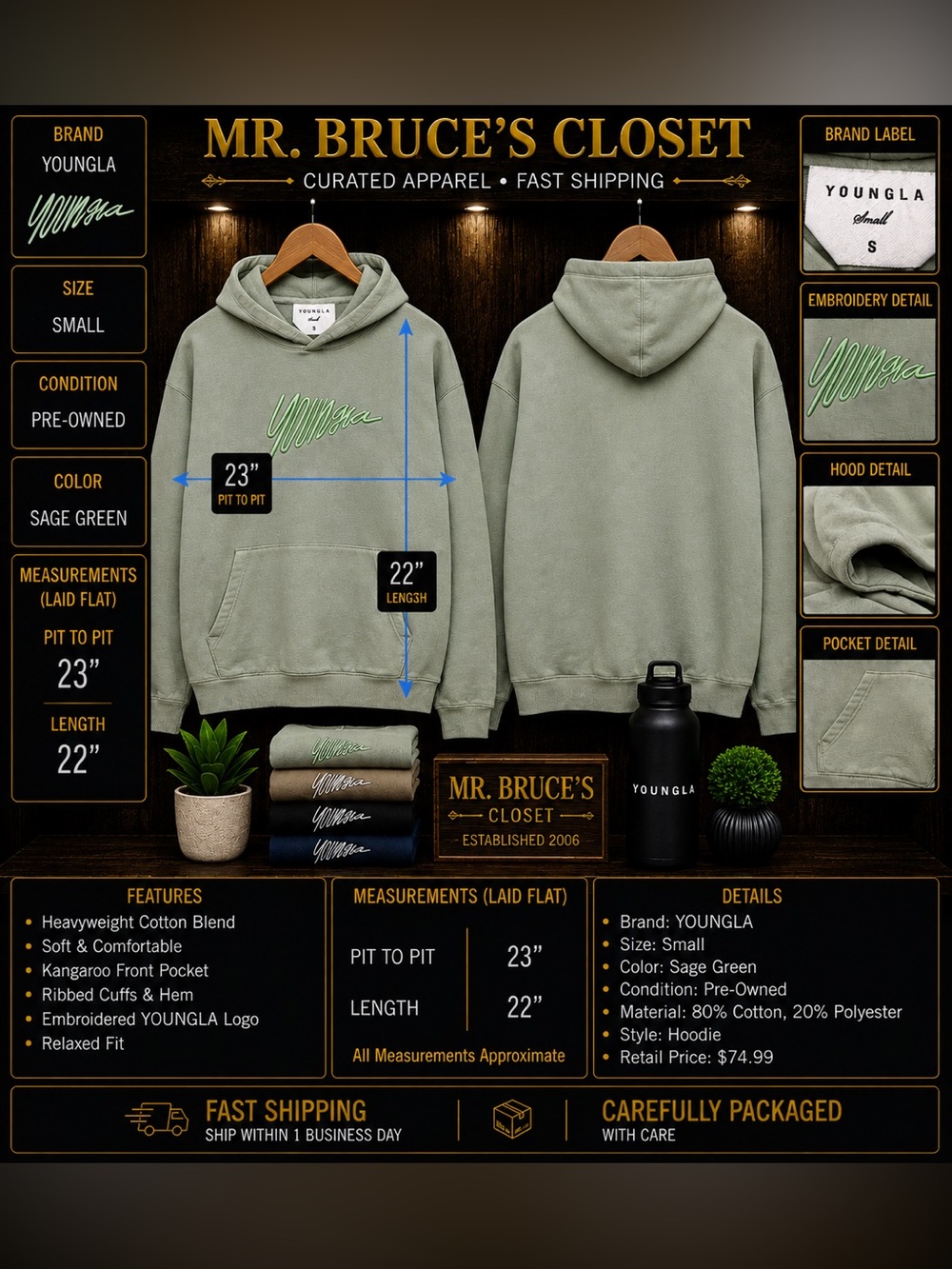 YoungLA Sage Green Men's Hoodie Sweatshirt with Embroidered Script